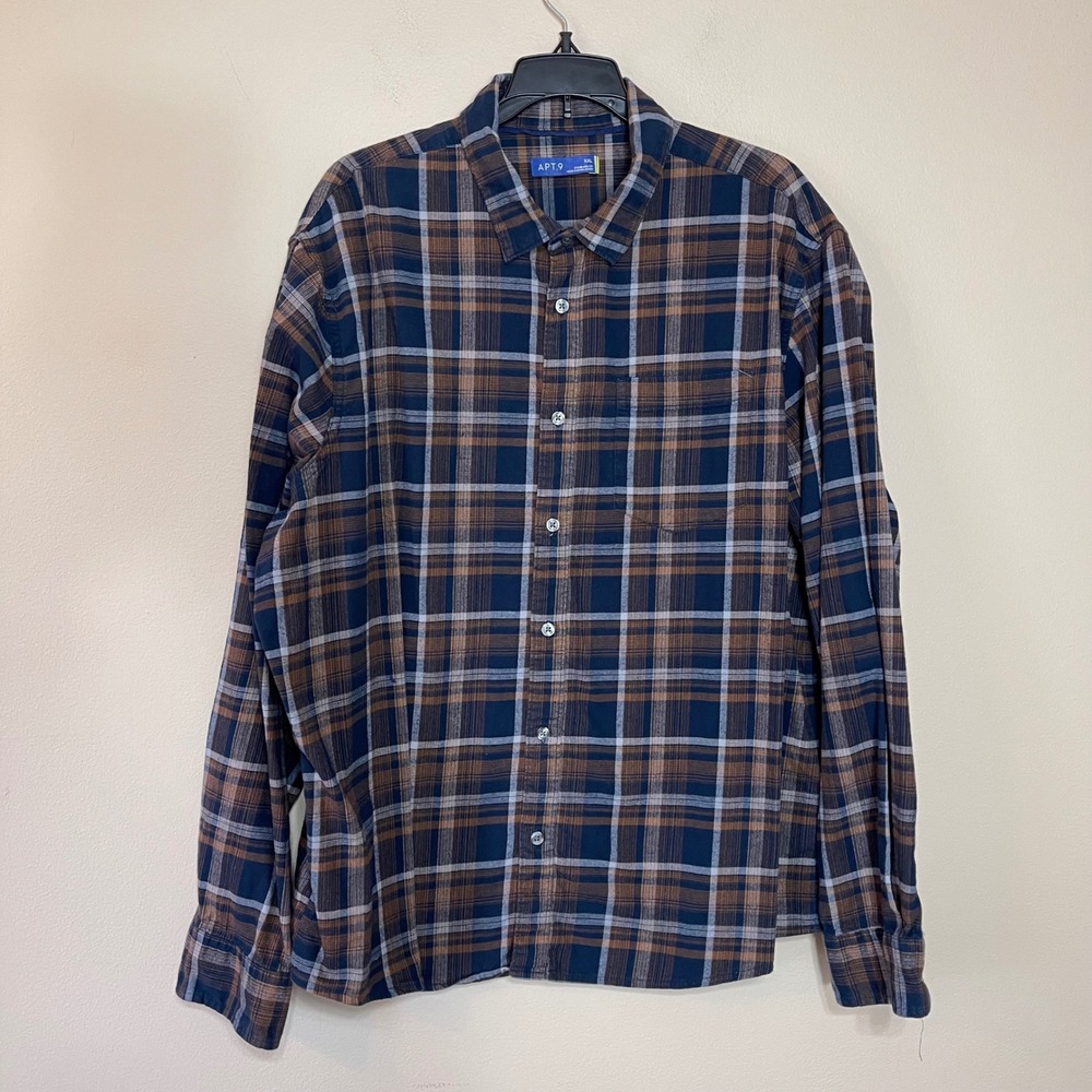 Apt 9 Mens XXL Plaid Button Down Shirt Navy‎ Blue Brown Stretch Standard Fit